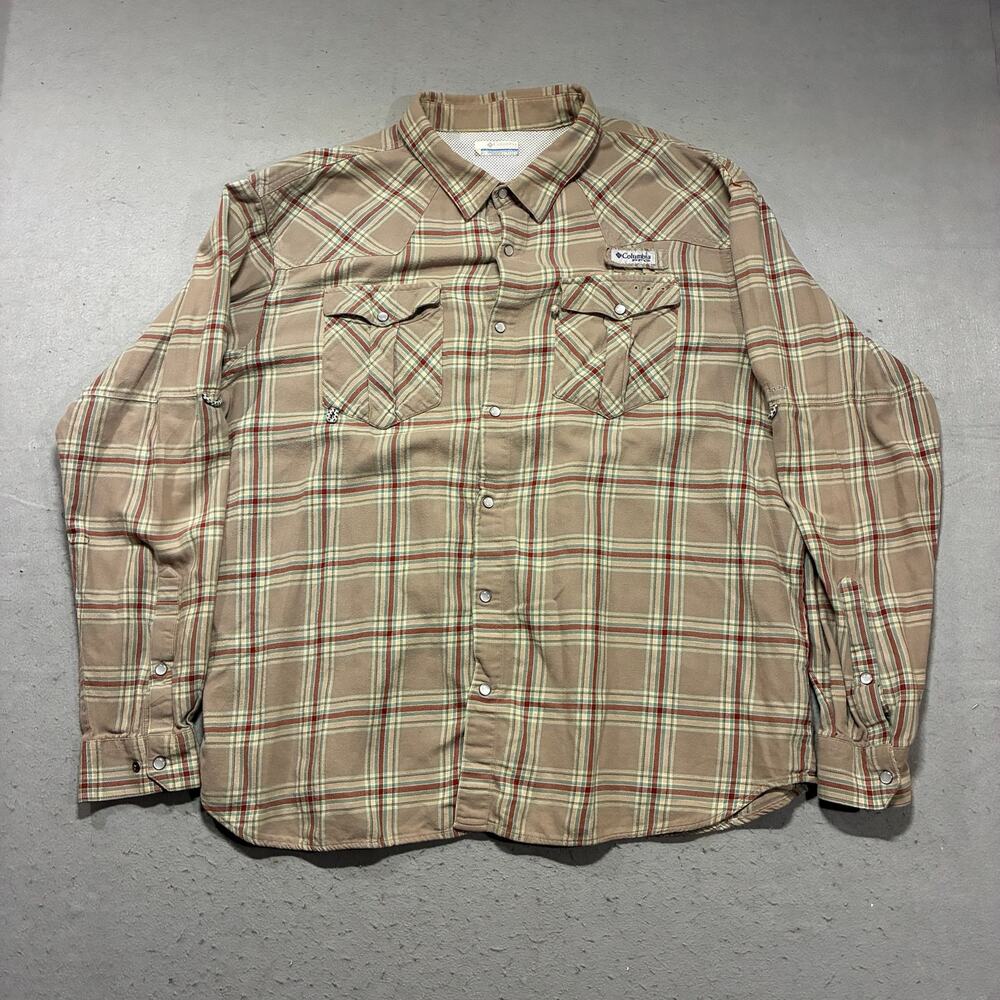 Columbia PFG Flannel Shirt Men's 2XL Tan Plaid Fishing